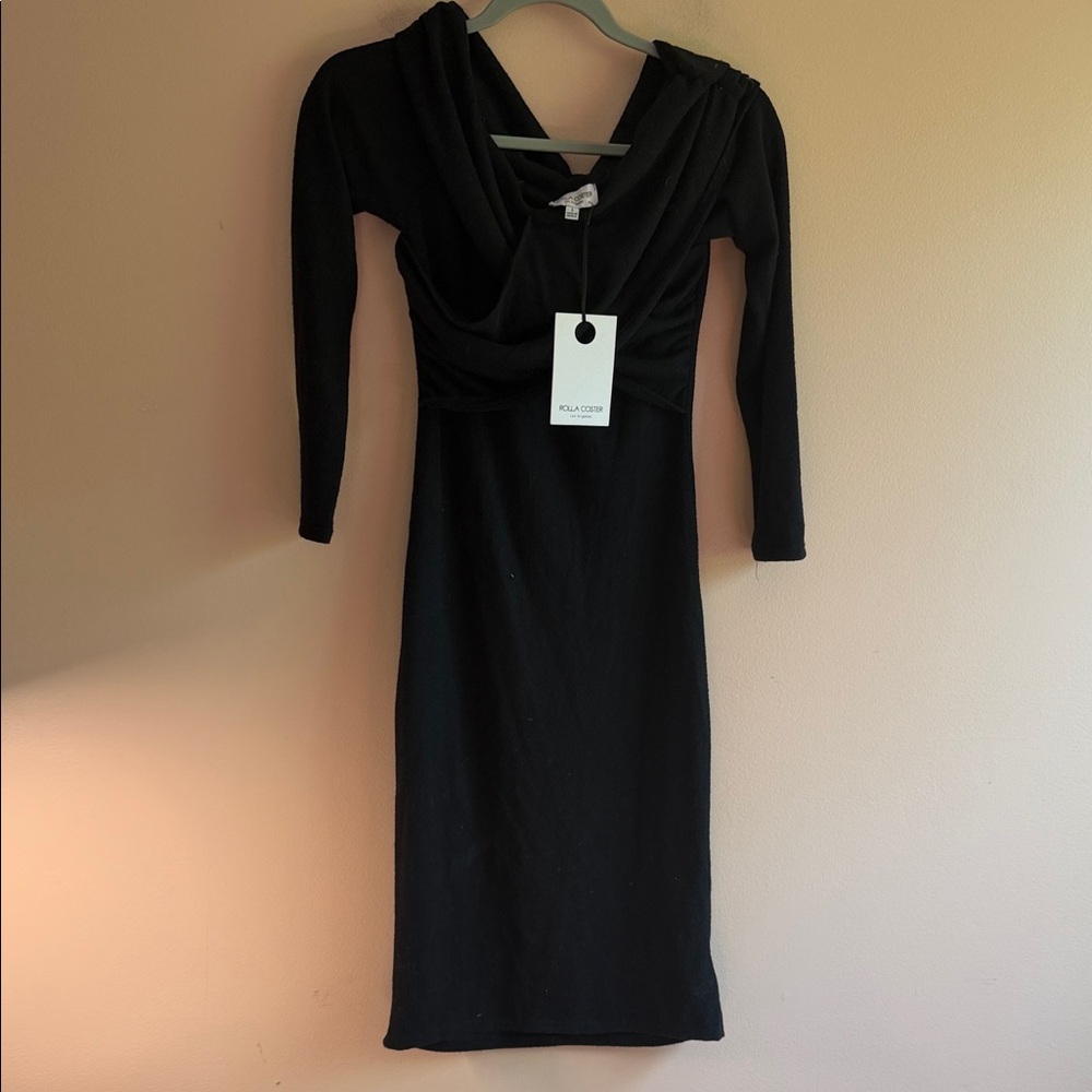 Rolla Coster Black Long-Sleeve Draped Neck Midi Dress